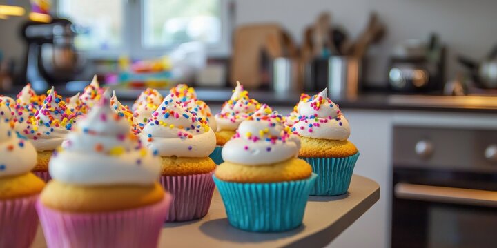 A home kitchen filled with cupcakes being decorated for a birthday or festive celebration - Powered by Adobe