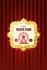 Retro festival State fair badge with ferris wheel and gold details. Template for event branding, flyers, posters or souvenirs. Verical vector illustration