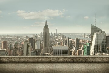Empire State Building is dominating flat design skyline and concrete parapet, clouds and waterfront © vectorfusionart
