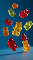 A dynamic colorful gummy bear candies suspended in mid-air against a solid blue background