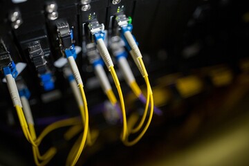 Yellow fiber cables are plugging into switch ports with boots and green LEDs in flat design