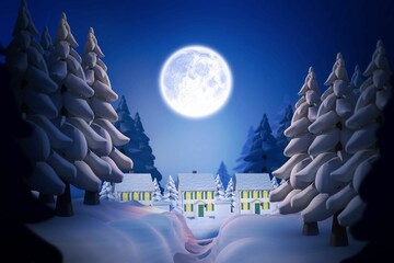 Flat design is featuring snow-laden pine trees framing three glowing cabins under bright full moon