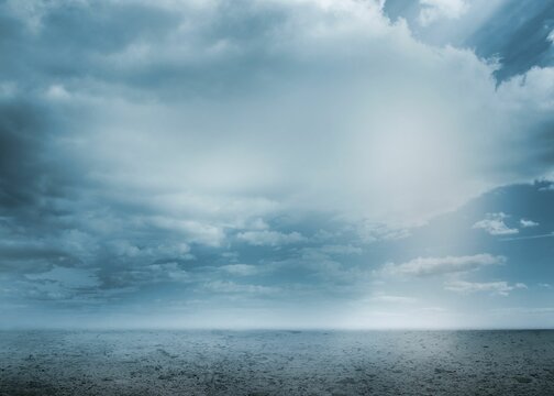 Fototapeta Flat design illustration showing tranquil ocean horizon under cloudy sky with rippled water