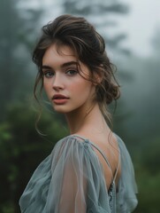 A young woman with long brown hair, wearing a blue dress, looks at the camera with a serious expression.
