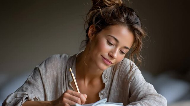 medium shot portrait of a serene woman in linen clothing, writing in a journal with a peaceful expression, soft diffused light, neutral tones, indoor slow living setting