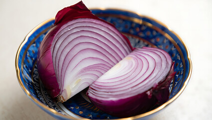 Close up of a halved red onion with visible rings inside a decorative blue and gold bowl
