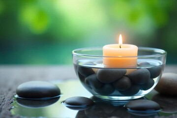 Serene Floating Candle Tranquil Spa Scene with River Stones and Water, Perfect for Relaxation, Meditation, and Wellness Imagery