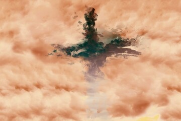 Obraz premium Flat design showing vertical cloud plume rising from warm-toned cloud sea glowing orange at sunset