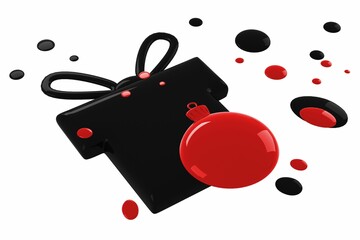 Glossy black box featuring ribbon loops is gleaming on white backdrop with black and red droplets