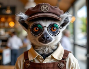 a photogenic lemur in a cap and glasses is posing playfully in front of a café window