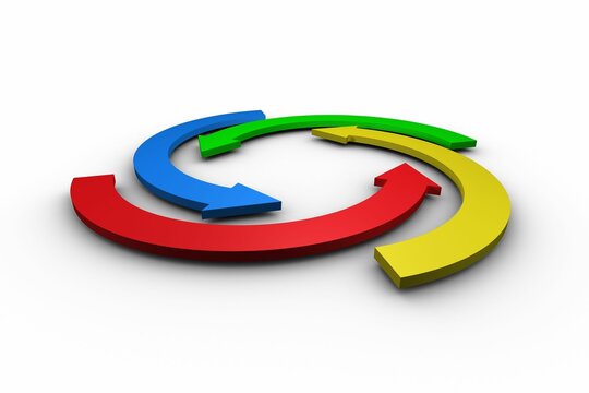 Four overlapping colorful 3D arrows are forming circular loop on white backdrop, copy space