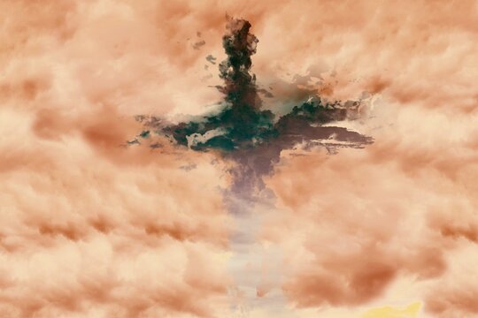 Fototapeta Flat design showing vertical cloud plume rising from warm-toned cloud sea glowing orange at sunset