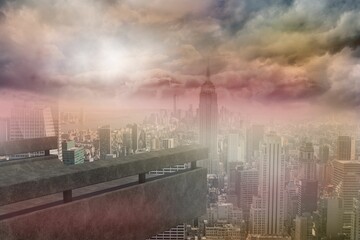 City skyline is unfolding beneath concrete railing in 3D render featuring spire-topped tower