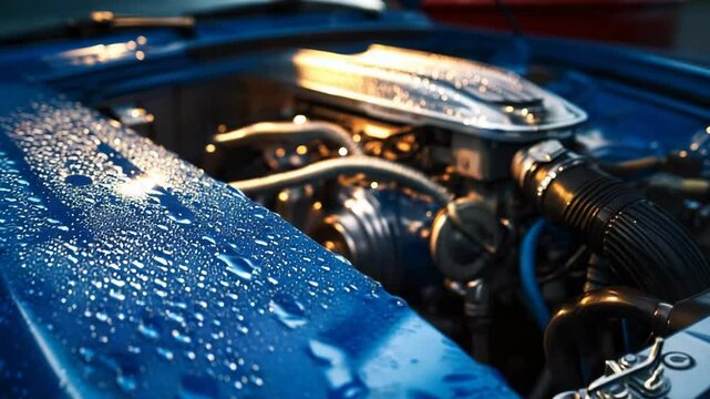 Close-up view of a classic car engine with raindrops reflecting colors under evening light