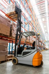 Forklift carrying cardboard boxes by shelves
