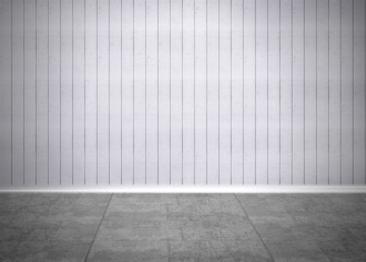 Naklejka premium Showing interior with white wood-paneled wall, baseboard trim, grooves and gray concrete tile floor