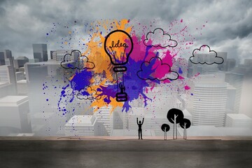 Hot air balloon on splashes over cityscape