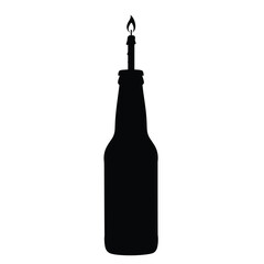 Black silhouette of beer bottle with lit birthday candle