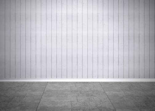 Fototapeta Showing interior with white wood-paneled wall, baseboard trim, grooves and gray concrete tile floor