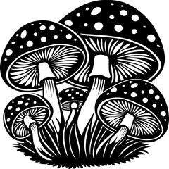 Stylized black and white illustration of spotted mushrooms in grass