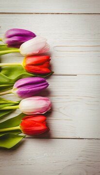 Fototapeta Row of six tulip flowers is appearing in flat design on white plank background, copy space