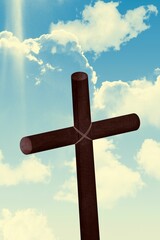 Flat design wooden log cross is standing against blue sky with clouds and rope bindings