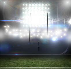 Flat design metal football goalpost is standing on grass turf under bright stadium floodlights
