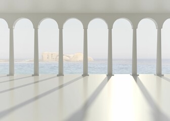 Coastal pavilion showing flat design with white fluted columns and arches, calm sea beyond