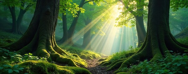 Sunlight Dapples Ancient Forest Floor Discover Serene Beauty and Untamed Wildness in a Lush, Mossy Wilderness
