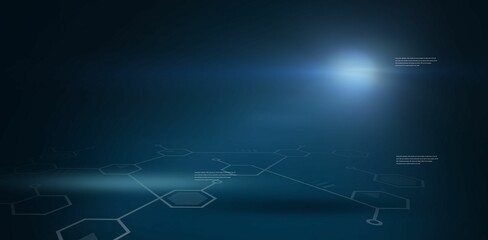 Abstract network is being shown in flat UI with hexagon nodes, lines, placeholder text, lens flare