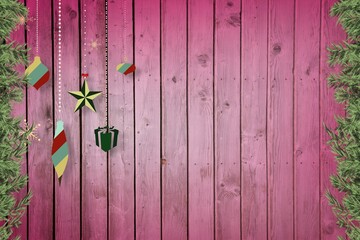 Christmas decorations over wooden planks © vectorfusionart