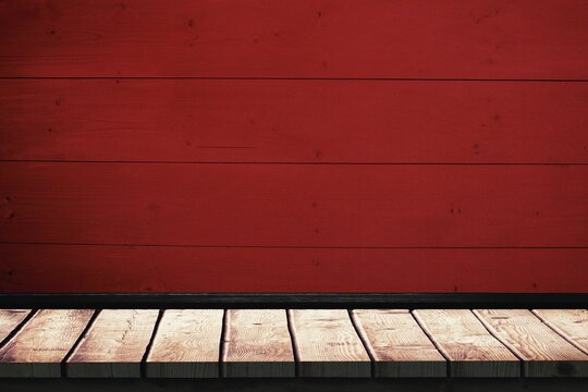 Fototapeta Wooden deck and red plank wall backdrop are displaying wood grain texture in flat design