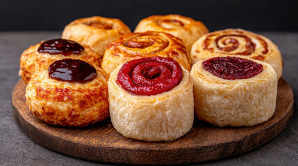 Freshly Baked Sweet Rolls with Colorful Toppings on Wooden Board, Perfect for Cafes, Bakeries, and Dessert Plating, Tempting Treats for Anytime