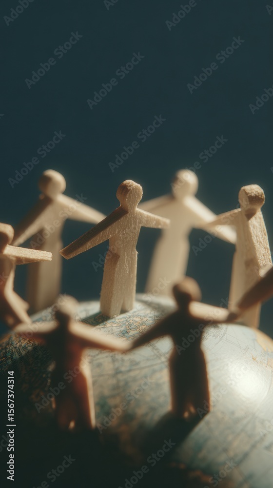 Aufkleber Modern Digital Network Concept with Wooden Figures and Illuminated Globe Premium Global Collaboration and Unity for Professional Marketing Campaigns