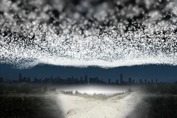 Blanket of stars above path leading to city