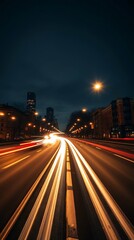 Cityscape lights trails capture the bustling energy of urban nightlife