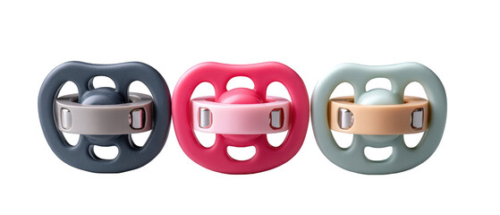 Three colorful pacifiers arranged neatly, showcasing modern design and functionality for infants