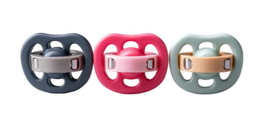 Three colorful pacifiers arranged neatly, showcasing modern design and functionality for infants
