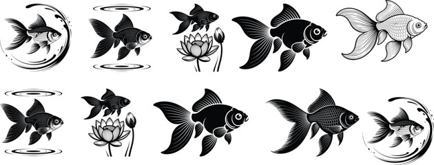 Fototapeta premium Silhouette vector bundle of decorative goldfish and lotus with various poses and ornate line details
