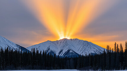 Majestic Mountain Sunrise with Radiant Sunbeams Over Snow-Capped Peaks and Evergreen Forests in a Serene Winter Landscape