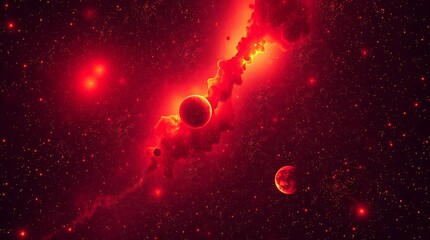 Crimson cosmic canvas, planets ablaze in ethereal red nebula landscape
