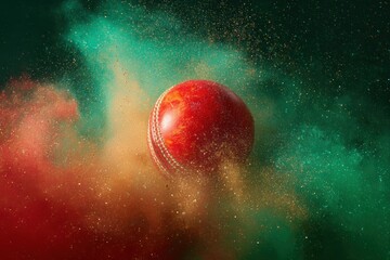 Premium Dynamic Cricket Ball in Explosive Motion with Particle Burst Modern Sports Energy for Professional Marketing and Social Media Campaigns
