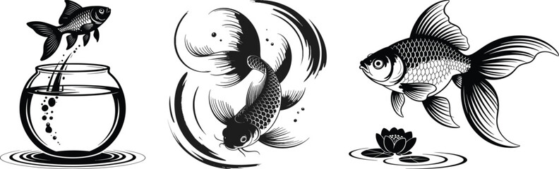 Goldfish jumping from fishbowl with dynamic silhouette vector swirls and motion design