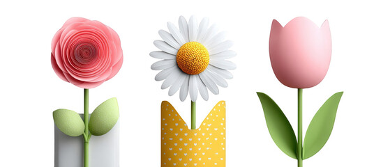 Three colorful paper flowers in decorative vases against a white background, showcasing creativity