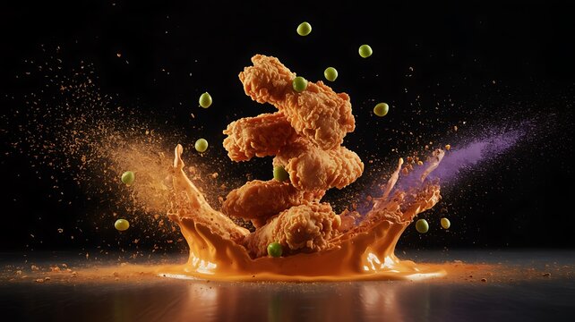 Crispy chicken pieces flying with green peas orange splash fried