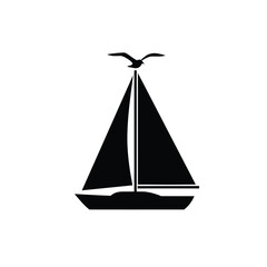 Black silhouette of a sailboat with a seagull on white background