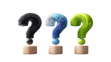 Three colorful question mark sculptures on wooden bases, symbolizing curiosity and inquiry