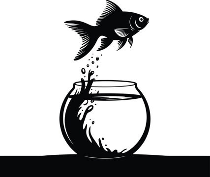 Silhouette vector of goldfish leaping from fishbowl symbolizing freedom and new beginning in creative design