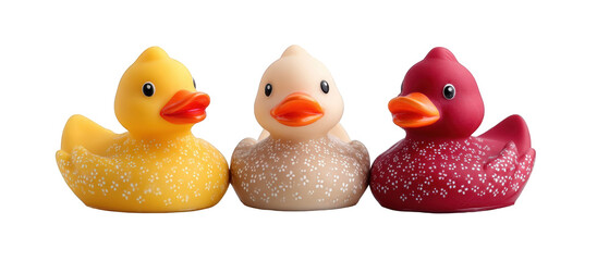 Three colorful rubber ducks in a playful arrangement, showcasing vibrant colors and patterns