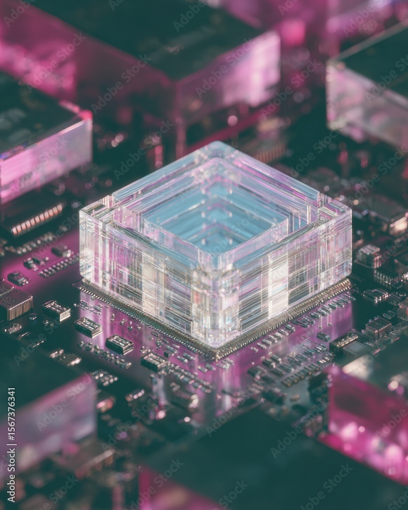 Poster Futuristic Quantum AI Chip with Transparent Stacked Blocks on Circuit Board for Digital Transformation and Secure Data Infrastructure